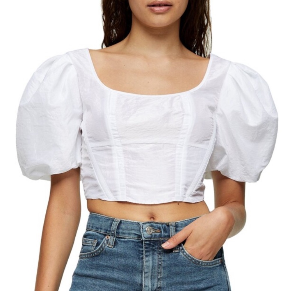 Topshop White Taffeta Puff Sleeve Corset Crop Top sz 2